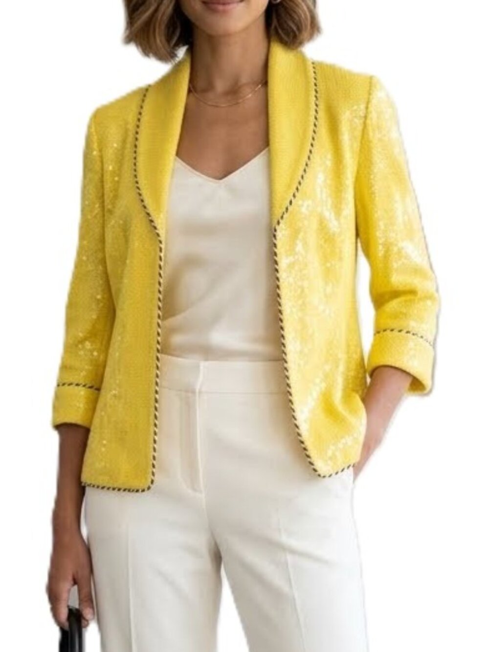 St John Couture Blazer Paillette Knit Yellow 3/4 Sleeve Vintage Luxury Size 6